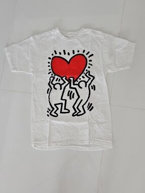 Ripple Junction White Tee with Keith Haring Red Heart and Black Line Art